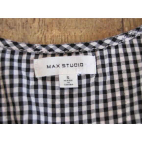 Max Studio Black White Check Blouse Waist Tie V-Neck Flutter Sleeve Small - Picture 6 of 8